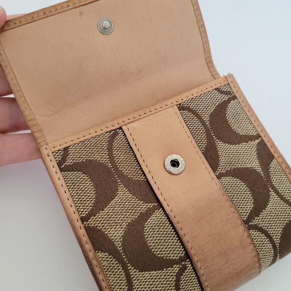 Coach Wallet Brown Signature Card Holder Bill Medium Bifold Compact Tan Red - Picture 8 of 11